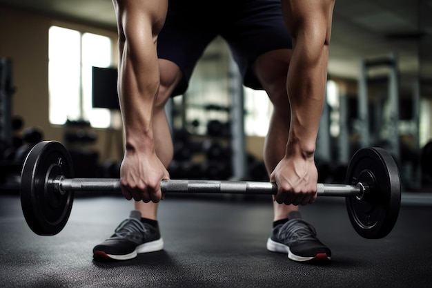 Gekapte opname van een man die gewichten tilt in de sportschool gemaakt met generatieve AI