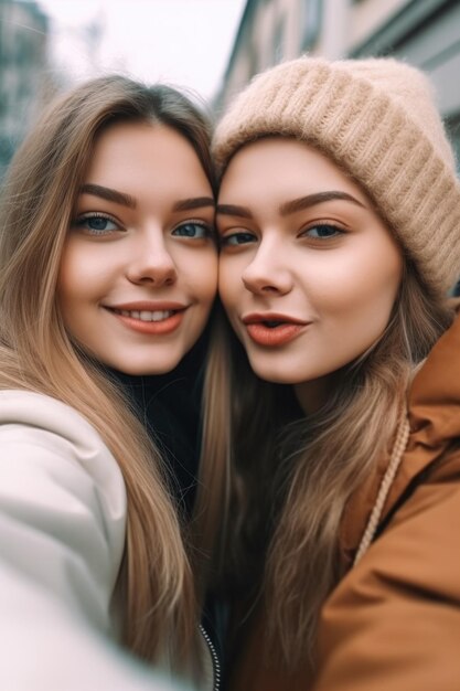 Foto gekapte opname van twee jonge vrouwen die samen selfies maken gemaakt met generatieve ai