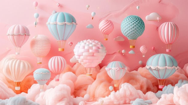 Gekke 3D-scene van een pastel luchtballonfestival met ballonnen in verschillende vormen en kleuren