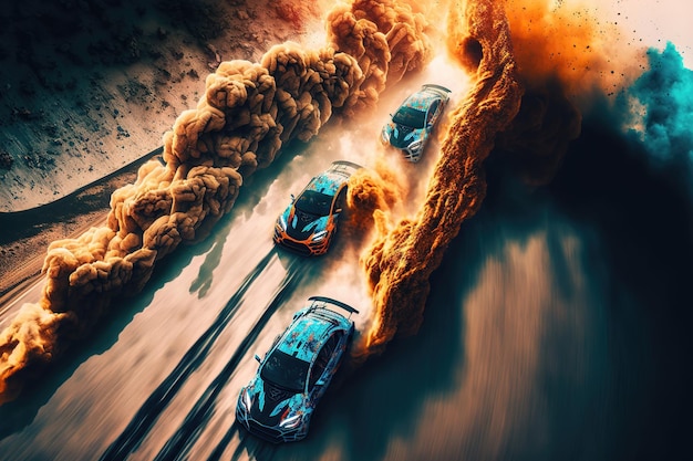Gekke gekke achtervolging explosies vonken actie Sportwagens zijn een gevaarlijke race om te overleven Vuur en vlammen van onder de wielen 3d illustratie