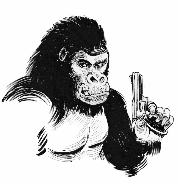 Gekke gorilla met een pistool. Inkt zwart-wit tekening