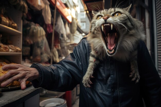 Foto gekke kat die het eten van de straatman stal