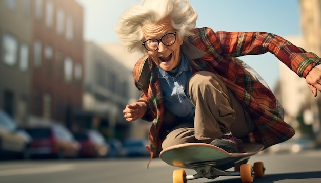 Gekke oma rijdt skateboard op straat.