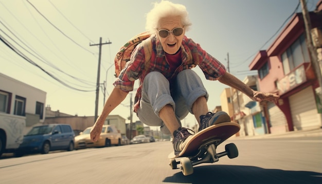 Foto gekke oma rijdt skateboard op straat.