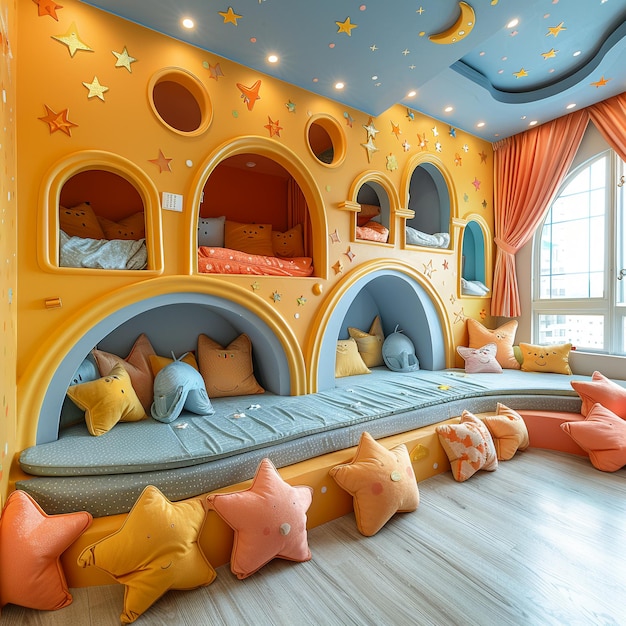 Gekke speelkamer voor kinderen met felle kleuren en een verbeeldingrijk decor. Super gedetailleerd.