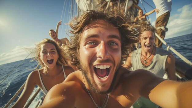 Gekke vrienden springen vrolijk van een zeilboot de zee in Jongeren springen tijdens de zomervakantie de zee in Vooral gericht op tussenpersonen Reizen en plezierconcept