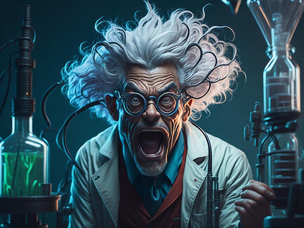 Gekke wetenschapper of gekke professor personage in het wetenschappelijk lab