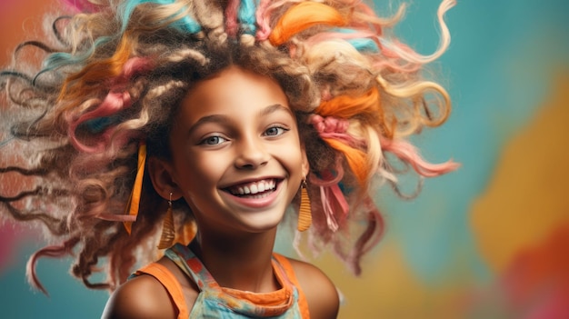 Foto gekleed in carnavalsmateriaal en met prachtige dreadlocks deze afro-amerikaanse vrouw vrolijk