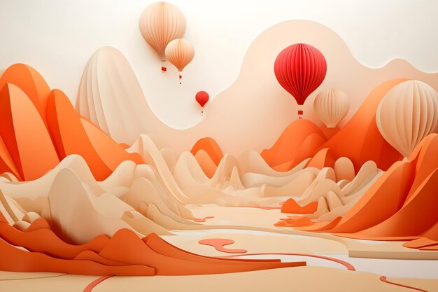 gekleurd landschap met ballonnen papier oranje en roze
