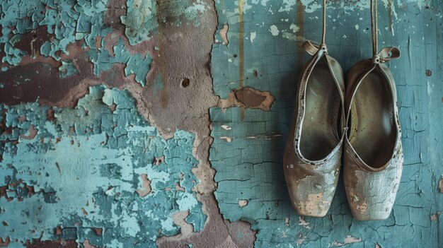 Gekleurde balletschoenen hangen op een verweerde blauwe muur met afvallende verf.