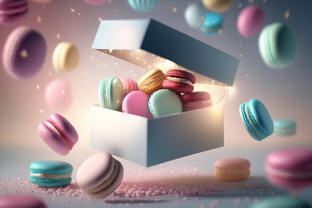 Gekleurde bitterkoekjes vliegen uit de doos Macarons levitatie Generatieve AI
