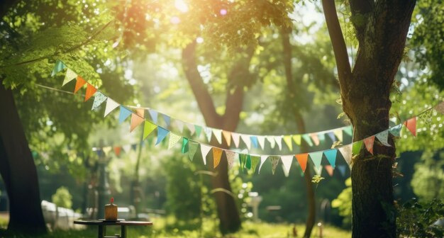 Foto gekleurde buntings hangen in het zonlicht op een zonnige dag