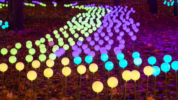 Gekleurde gloeiende ballen slingers in de stadspark straat licht kleur festival decoratie