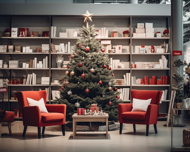 Gekleurde kerstboom in de woonkamer met grote ramen