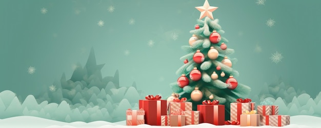 Gekleurde kerstboom met cadeautjes felicitatiekaart panorama illustratie Generative Ai