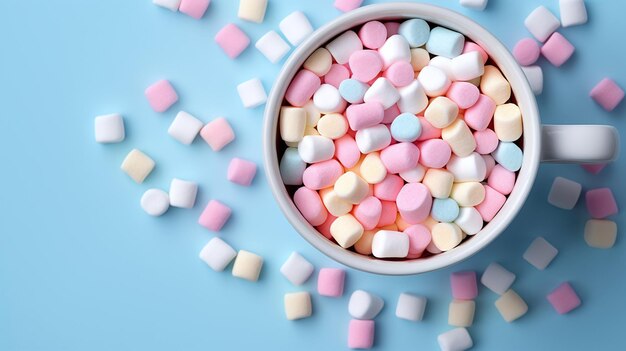 Gekleurde marshmallows in een beker op een blauwe tafel kopieerruimte