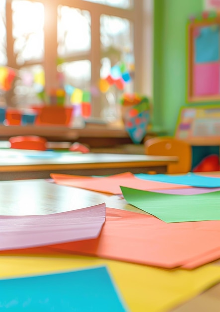 Foto gekleurde papieren op de tafel in de kleuterschool