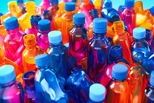 Foto gekleurde plastic flessen op een blauwe achtergrond