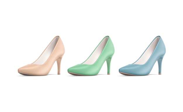 Gekleurde schoenen met hoge hakken. Roze, groen en blauw klassiek schoeisel. Elegante stiletto's met hoge hakken.