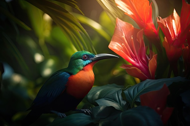 Gekleurde tropische vogel en prachtige surrealistische bloemen Generatieve AI