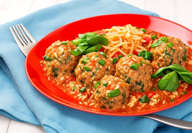 Gekneusde gehaktballen met spinadezaad en groene uien op een bord