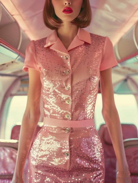 Geknipt beeld van elegante mooie blonde vrouwelijke stewardess in sprankelend roze kostuum