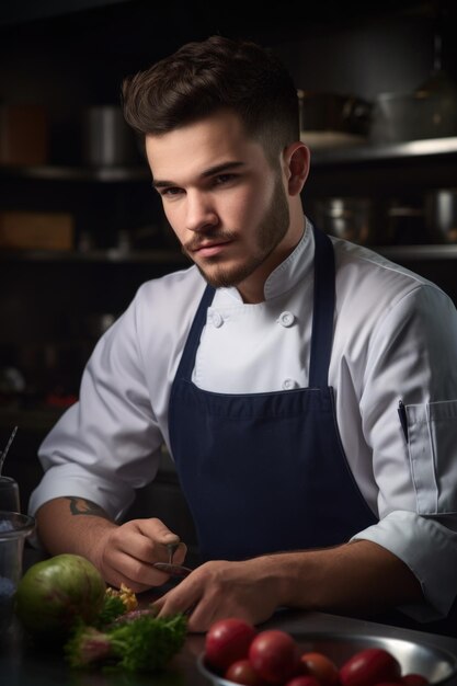 Geknipt portret van een knappe jonge mannelijke kok die in zijn keuken werkt gemaakt met generatieve AI