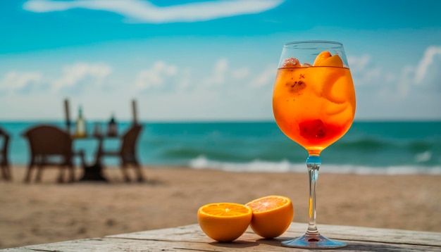 Gekoelde aperolcocktail op tafel op het strand Generatieve AI