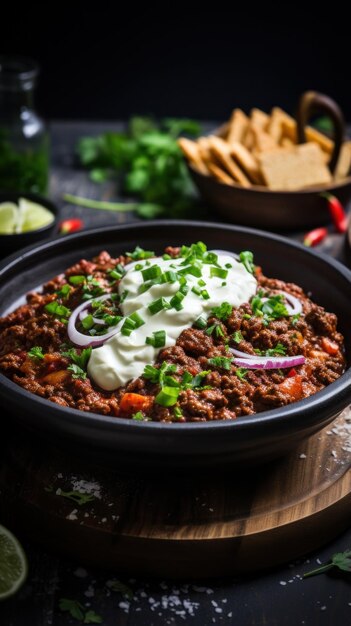 Foto gekookte chili con carne met zure room en schilfer