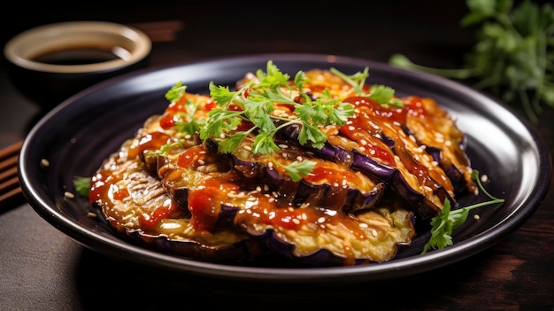 Gekookte gegrilde eierstokjes met rijke soja-glazuur en verse cilantro op een lavendelplaat