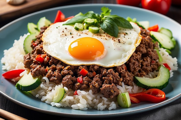 Gekookte gemalen vlees over rijst met gezouten gehakte verse chili en knoflook peper basilicum blad gebakken ei en komkommer