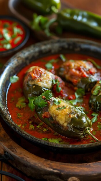 Gekookte gevulde Poblano-paprika's in tomatensaus op een houten tafel