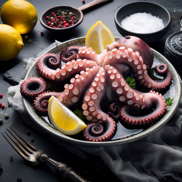 gekookte hele octopus grijze steen met citroen roze peper