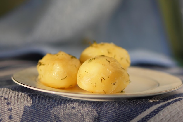 Gekookte jonge aardappelen met dille op een witte plaat Vegetarisch voedselconcept Close-up van aardappelen op een blauw servet