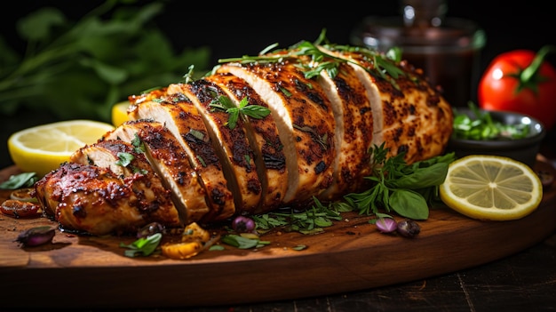 Gekookte kippenborst op een grill en geserveerd met kruiden en citrusvruchten op een gehaktblok, gehakt en heel