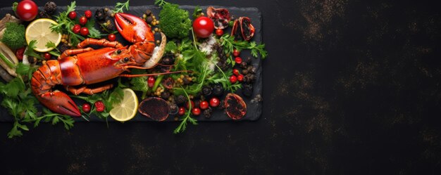 Gekookte kreeft met specerijen en kruiden op een zwarte leisteentafel