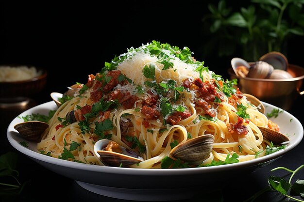 Gekookte Linguine met mosselen en spek