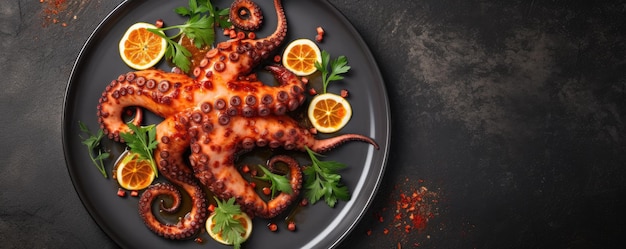 Gekookte octopus tentakels op een stenen bord Zeevoedsel Generatieve ai