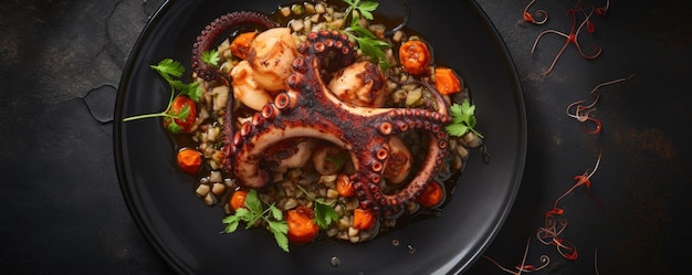 Gekookte octopus tentakels op een stenen bord Zeevoedsel Generatieve ai