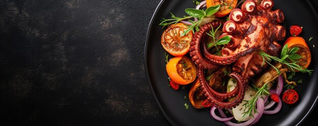 Gekookte octopus tentakels op een stenen bord Zeevoedsel Generatieve ai