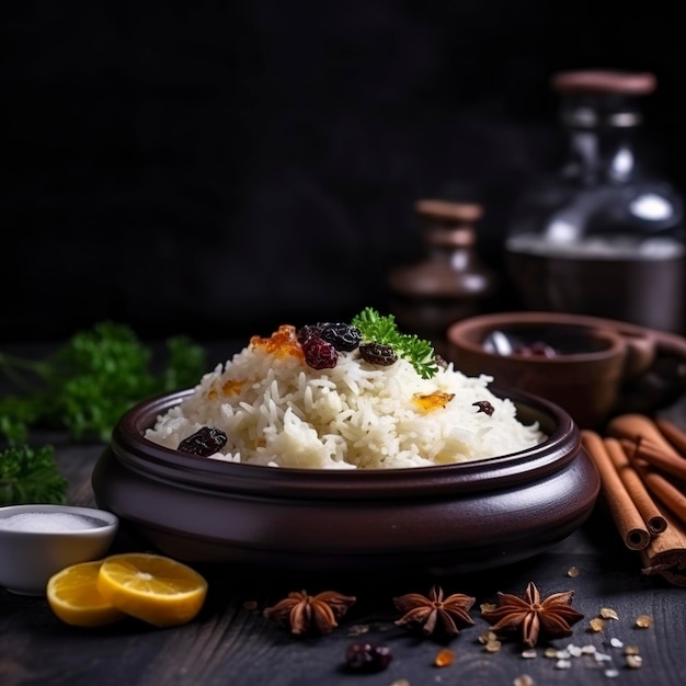 Gekookte rijst met smaakmakers en rozijnen op donkere ondergrond maaltijdvoedsel rijst oostelijk diner zacht licht genereren ai
