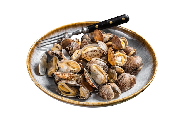 Gekookte schelpen in de stoom Vongole-mosselen in een bord met kruiden geïsoleerd op witte achtergrond Bovenbeeld