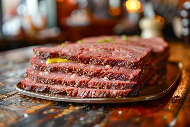 Gekookte stapel gegrilde Ribeye rundvlees steaks gekruid met kruiden op een rustieke houten tafel op een