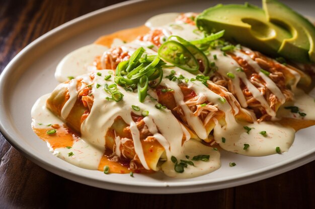 Foto gekookte tonijn- en avocado-enchiladas met sriracha-room