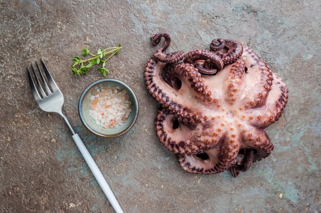 Gekookte verse octopus klaar om te serveren op stenen achtergrond, bovenaanzicht