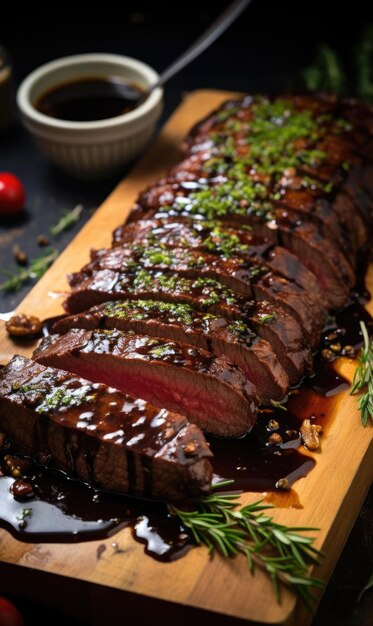 Foto gekookte wagyu steak gesneden en gegarneerd met smaakvol balsamico glazuur