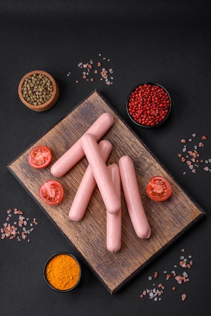 Gekookte worstjes op een houten snijplank met tomatenkruiden en zout