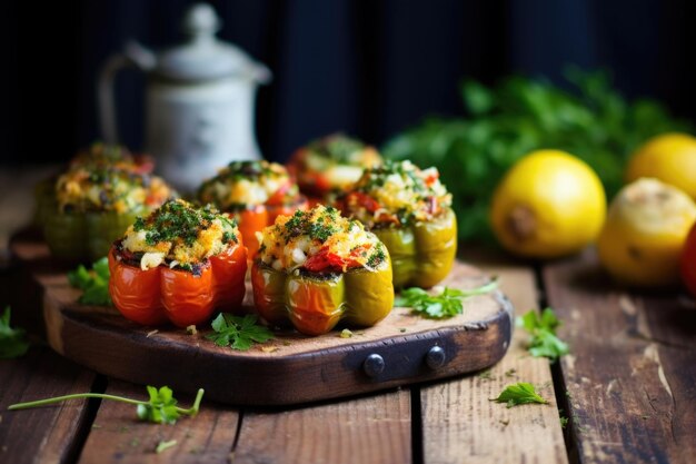 Foto gekruide gevulde paprika's geplaatst op een rustieke houten tafel