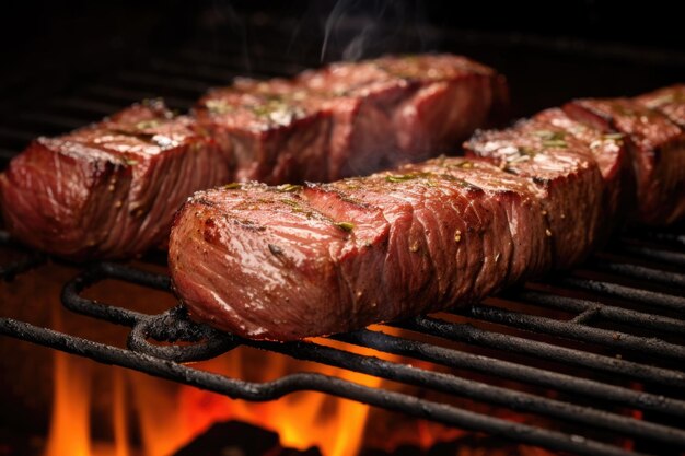 Gekruide spiesjes van rundvlees die langzaam draaien over een hete houtskoolgrill