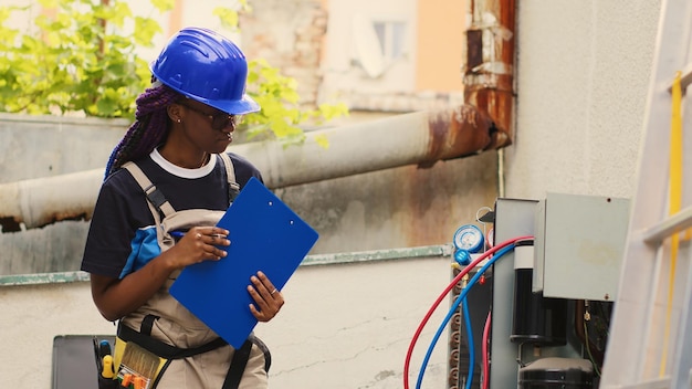 Gekwalificeerde elektricien die een garantieovereenkomst invult voor de klant om te ondertekenen nadat het onderhoudswerk aan de airconditioner is voltooid.